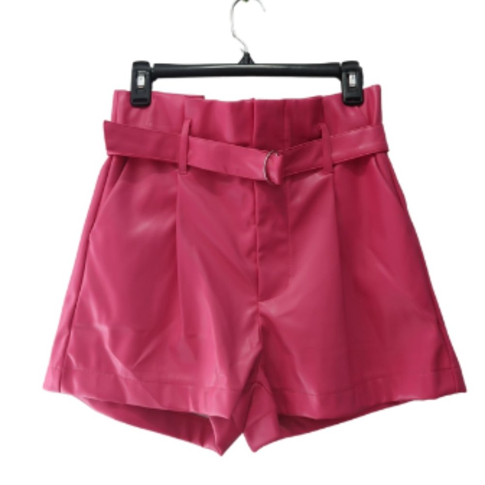 Hot Pink High Waisted Belted PU Shorts